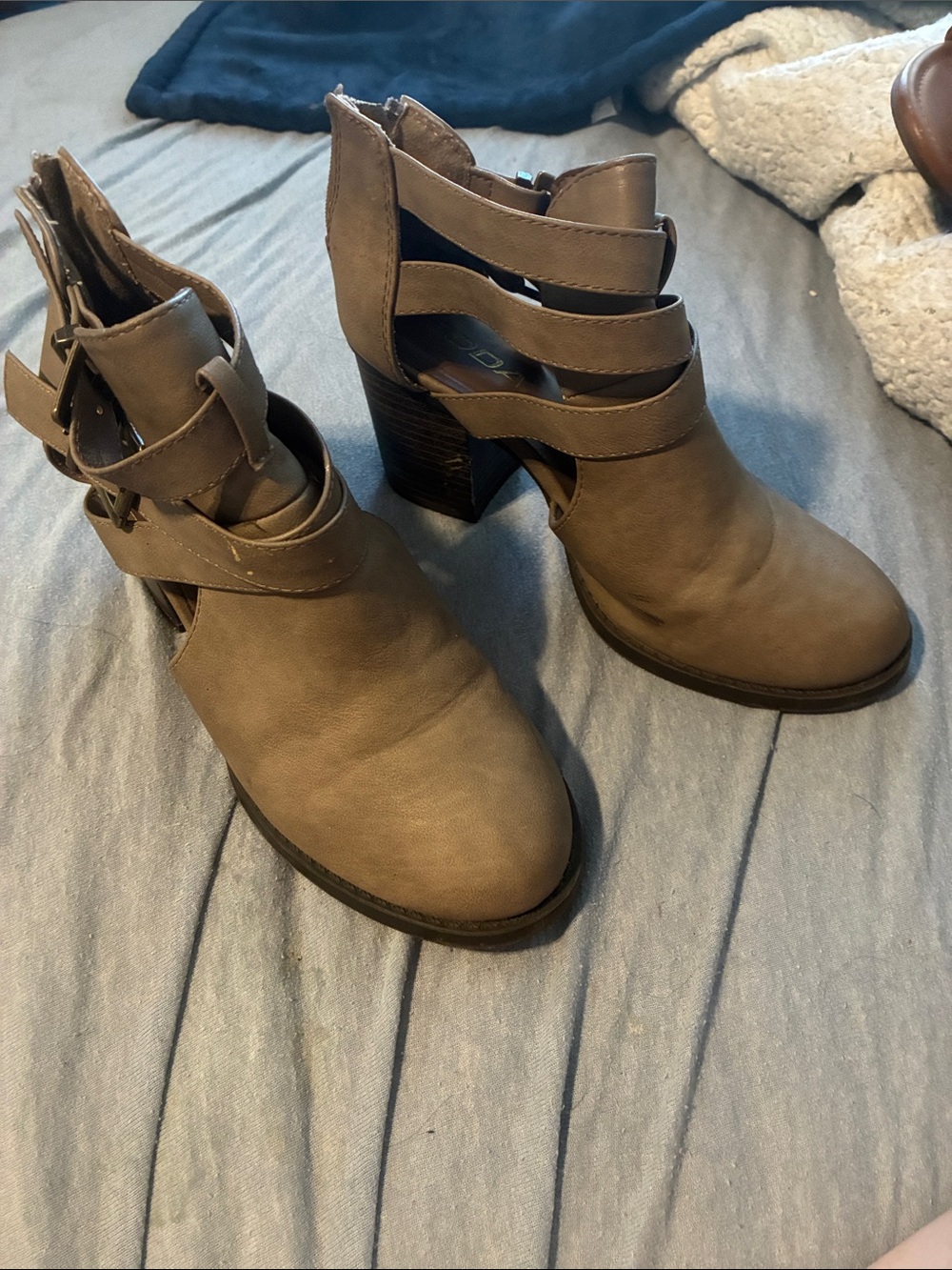 Soda Taupe Cutout Strappy Block Heel Ankle Boots